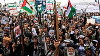Houthi supporters chant slogans during a weekly anti-US rally in Sanaa, 18 April, 2025