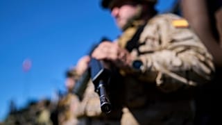 A Spanish Navy soldier stands in formation during the NATO Dynamic Mariner/Flotex-25 naval exercise in Barbate, southern Spain, on March 28, 2025.