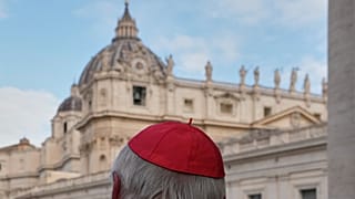 St Peter's Basilica is seen in the background as a cardinal arrives for a college of cardinals' meeting, at the Vatican, 28 April 2025