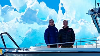 Denmark's King Frederik, right, and Greenland's head of government Jens-Frederik Nielsen on a boat trip in Nuuk fjord, 29 April, 2025