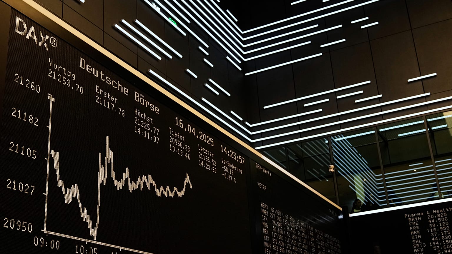 Alman borsa endeksi DAX, Almanya'nın Frankfurt kentindeki borsada resmediliyor. 16 Nisan 2025.