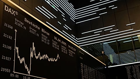 The German stock index, DAX, is pictured at the stock market in Frankfurt, Germany. 16 April 2025.