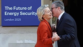 Britain's Prime Minister Keir Starmer, right, greets European Commission President Ursula von der Leyen, left, at Lancaster House in London, England, April 24, 2025.