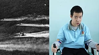 (Izquierda) Los voluminosos "proveedores C-123" rocían defoliante químico sobre Vietnam en 1968. (Derecha) Nguyen Ba Quy Phuoc, de 14 años, asiste a una clase de fisioterapia