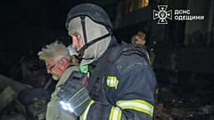 Ukrainian rescuers at the site of a UAV strike in Odesa, 30 April 2025