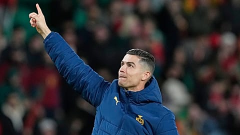 Portugal's Cristiano Ronaldo gestures to the crowd after winning the UEFA Nations League soccer match between Portugal and Denmark. Lisbon. 23 March 2025