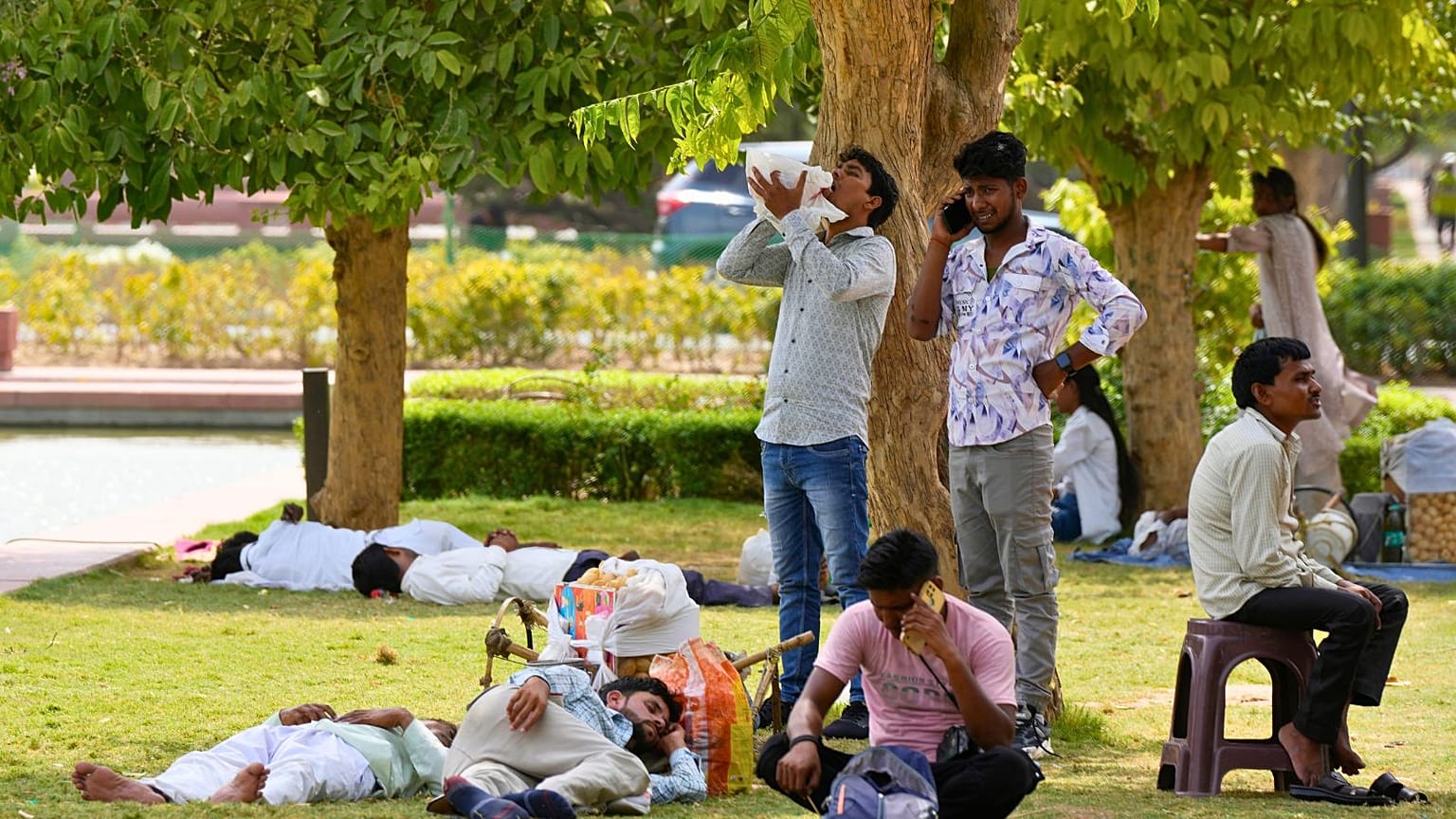 Uma pessoa bebe água enquanto outras descansam à sombra das árvores, numa altura em que a cidade continua a sofrer uma onda de calor, em Deli, Índia, a 18 de junho de 2024. 