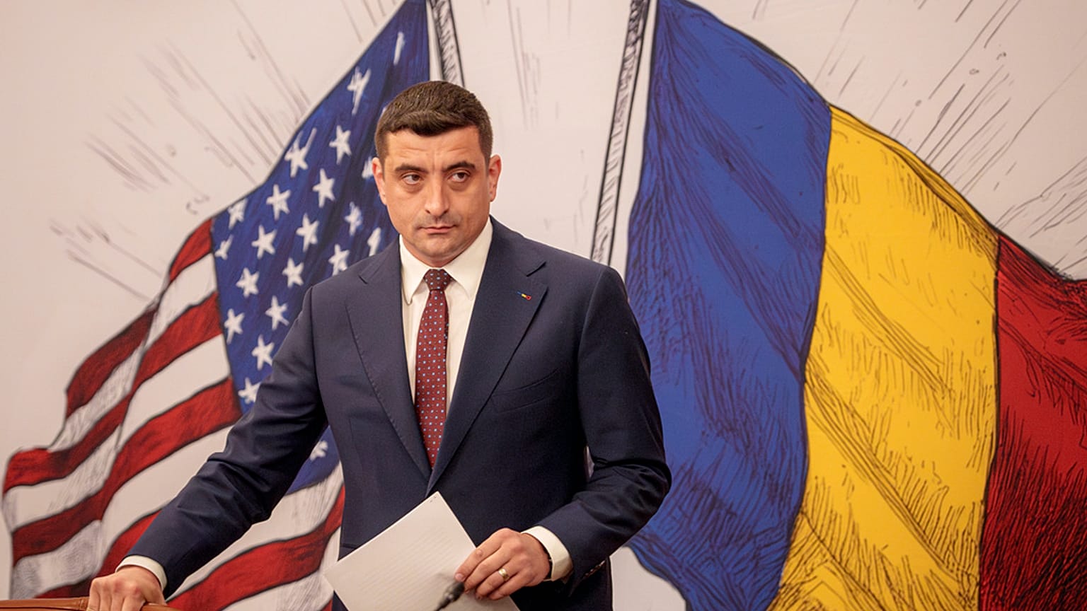 Le candidat à la présidence George Simion, leader de l'Alliance pour l'unité des Roumains (AUR), participe à la Conférence d'affaires roumano-américaine 2025 à Bucarest.