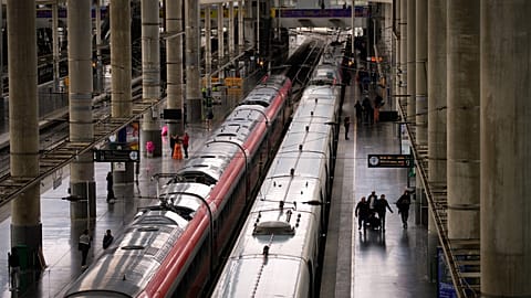 Trains are photographed on their platforms at the railway station in Madrid, 5 May, 2025