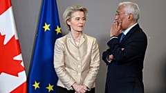 EU Commission President Ursula von der Leyen, left, speaks with EU Council President Antonio Costa prior to an EU-Canada leaders meeting 