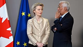 EU Commission President Ursula von der Leyen, left, speaks with EU Council President Antonio Costa prior to an EU-Canada leaders meeting 