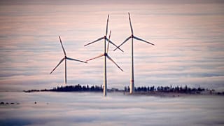 Des éoliennes entourées de brouillard dans la région du Taunus, près de Francfort, en Allemagne, en novembre 2024.