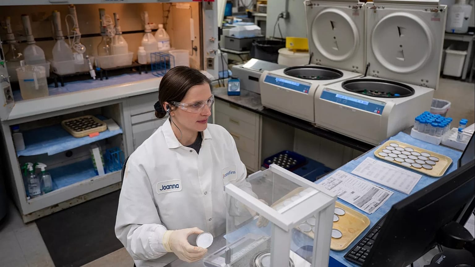 Senior Application Scientist Nicole Carey works in a lab to match food coloring at Sensient Technologies Corp., a color additive manufacturing company, 2 April 2025.