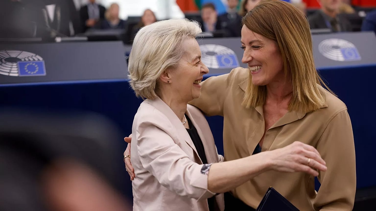 European Commission President Ursula von der Leyen, left, and European Parliament President Roberta Metsola, at the European Parliament in Strasbourg, France, Nov. 27, 2024.