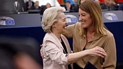 European Commission President Ursula von der Leyen, left, and European Parliament President Roberta Metsola, at the European Parliament in Strasbourg, France, Nov. 27, 2024.