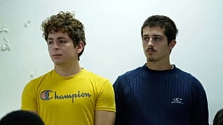 Belgian nationals Lornoy David, left, and Seppe Lodewijckx appear at the Jomo Kenyatta International Airport Law Courts in Nairobi, 7 May, 2025