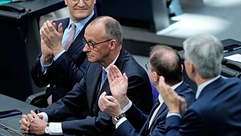 Leader of the Christian Democrats Friedrich Merz is applauded after being elected new chancellor at the Bundestag, in the Reichstag building in Berlin. 6 May 2025.