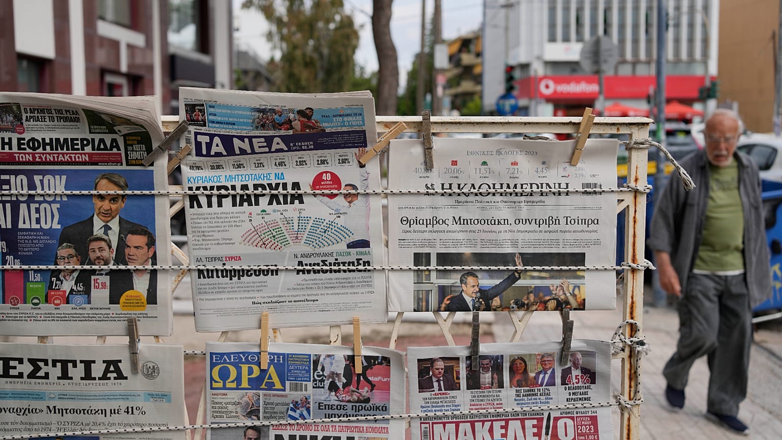 The front pages of the Greek newspapers show the results of Sunday's elections in Athens, 22 May, 2023
