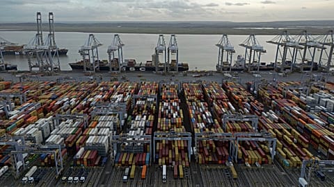 Shipping containers wait to be processed at London Gateway port in Stanford-le-Hope, 5 February, 2025