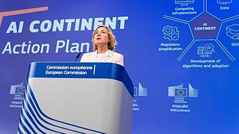 Henna Virkkunen, Executive Vice-President of the European Commission for Tech Sovereignty, Security and Democracy, gives a press conference on the AI Continent Action Plan.