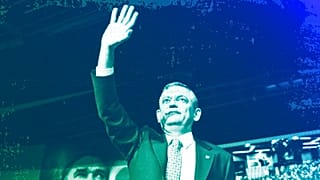 Republican People's Party or (CHP) leader Ozgur Ozel gestures to party members during his speech during a CHP convention, in Ankara, April 2025