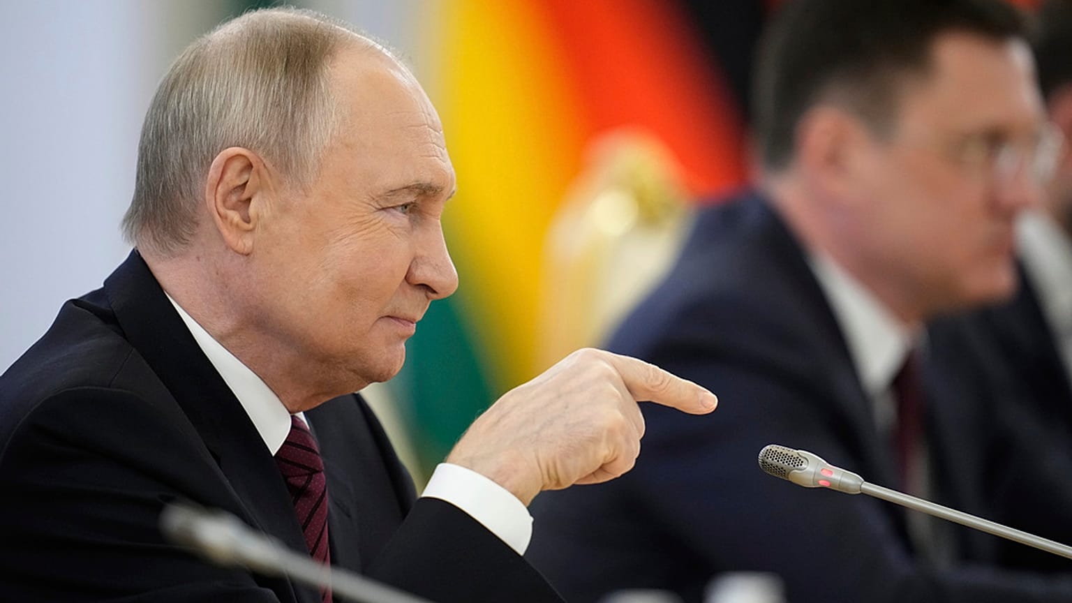 Russian President Vladimir Putin attends a meeting with Zimbabwean President Emmerson Mnangagwa in the Grand Palace at the Kremlin in Moscow, Russia, on Saturday, May 10.