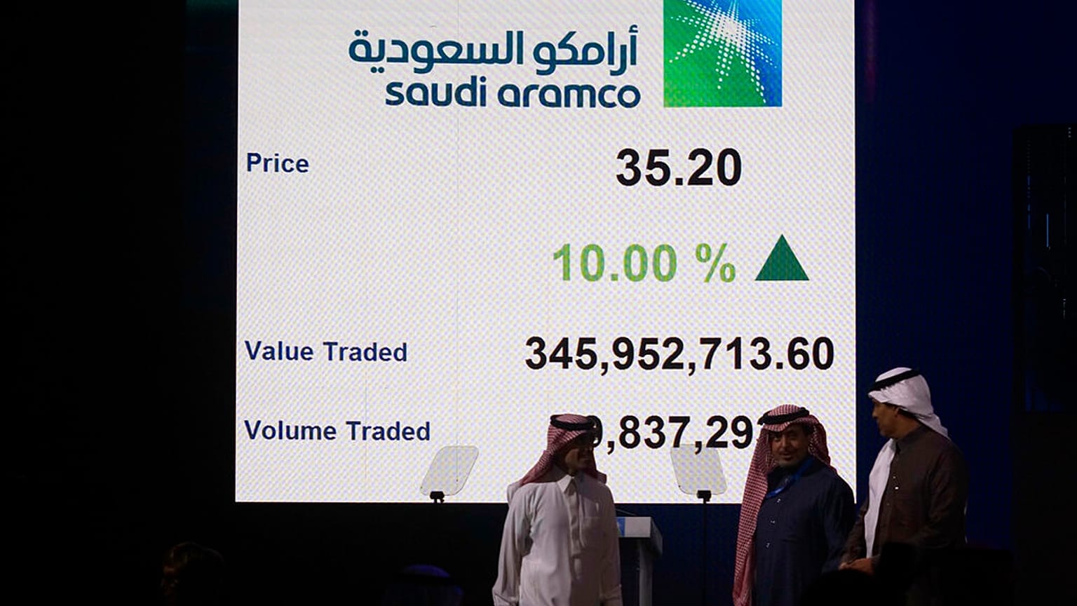 شركة النفط السعودية المملوكة للدولة أرمكو ومسؤولو سوق الأسهم يسيرون تحت شاشة تعرض القيمة المتداولة وحجم التداول في الطرح العام الأولي لأرامكو في سوق الأسهم بالرياض 