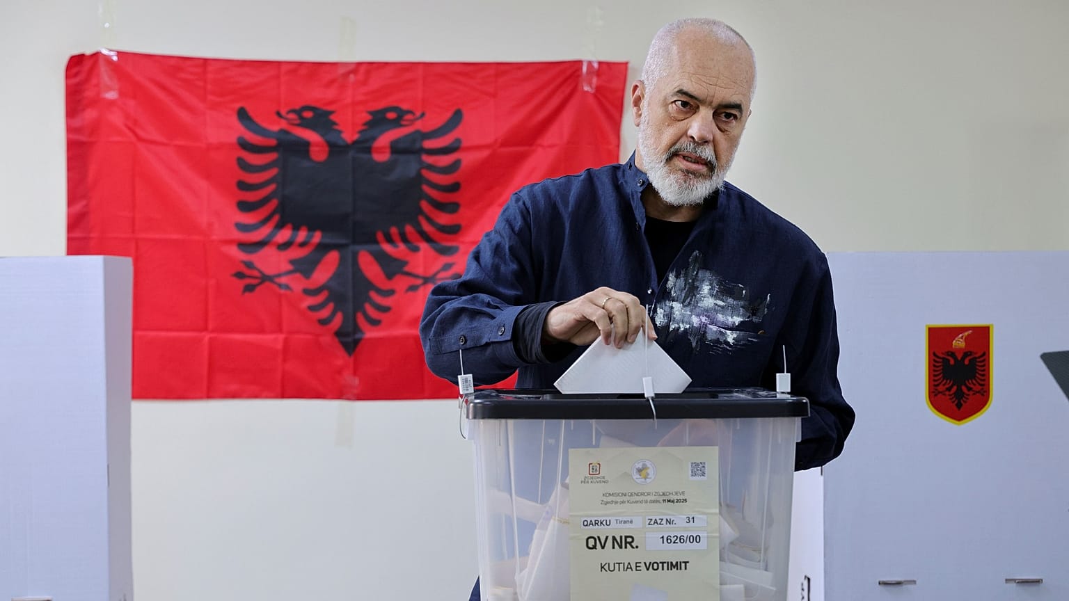 Albania's ruling Socialist Party leader Edi Rama casts his ballot during a general election, in Tirana, 11 May 2025