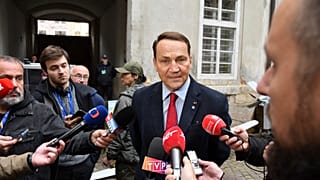 Minister spraw zagranicznych Radosław Sikorski przemawia do dziennikarzy podczas spotkania ministrów spraw zagranicznych UA-UE we Lwowie, Ukraina