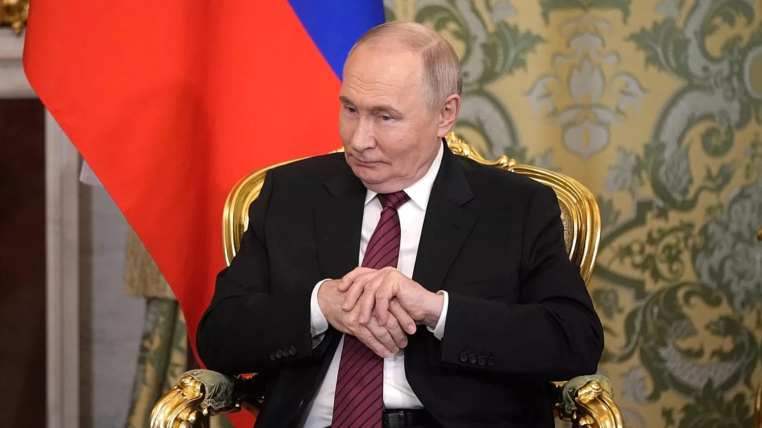 Russian President Vladimir Putin in the Grand Palace at the Kremlin in Moscow, Russia, on Saturday, May 10, 2025.