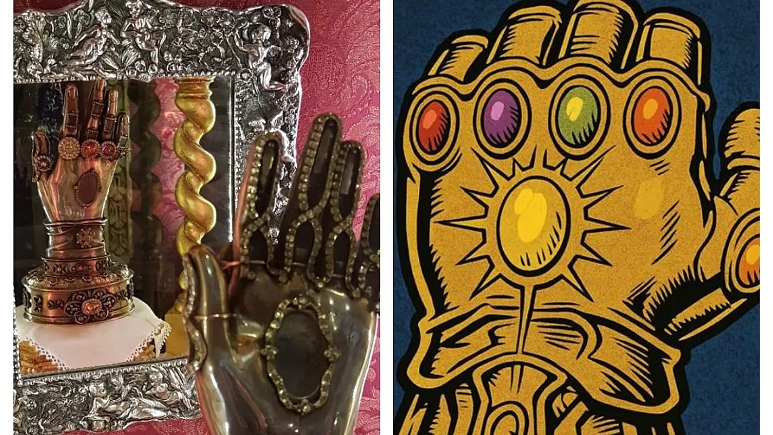 Colagem de ambos os objectos. À esquerda, a mão de Santa Teresa; à direita, a Manopla do Infinito de Thanos.