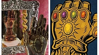 Colagem de ambos os objectos. À esquerda, a mão de Santa Teresa; à direita, a Manopla do Infinito de Thanos.