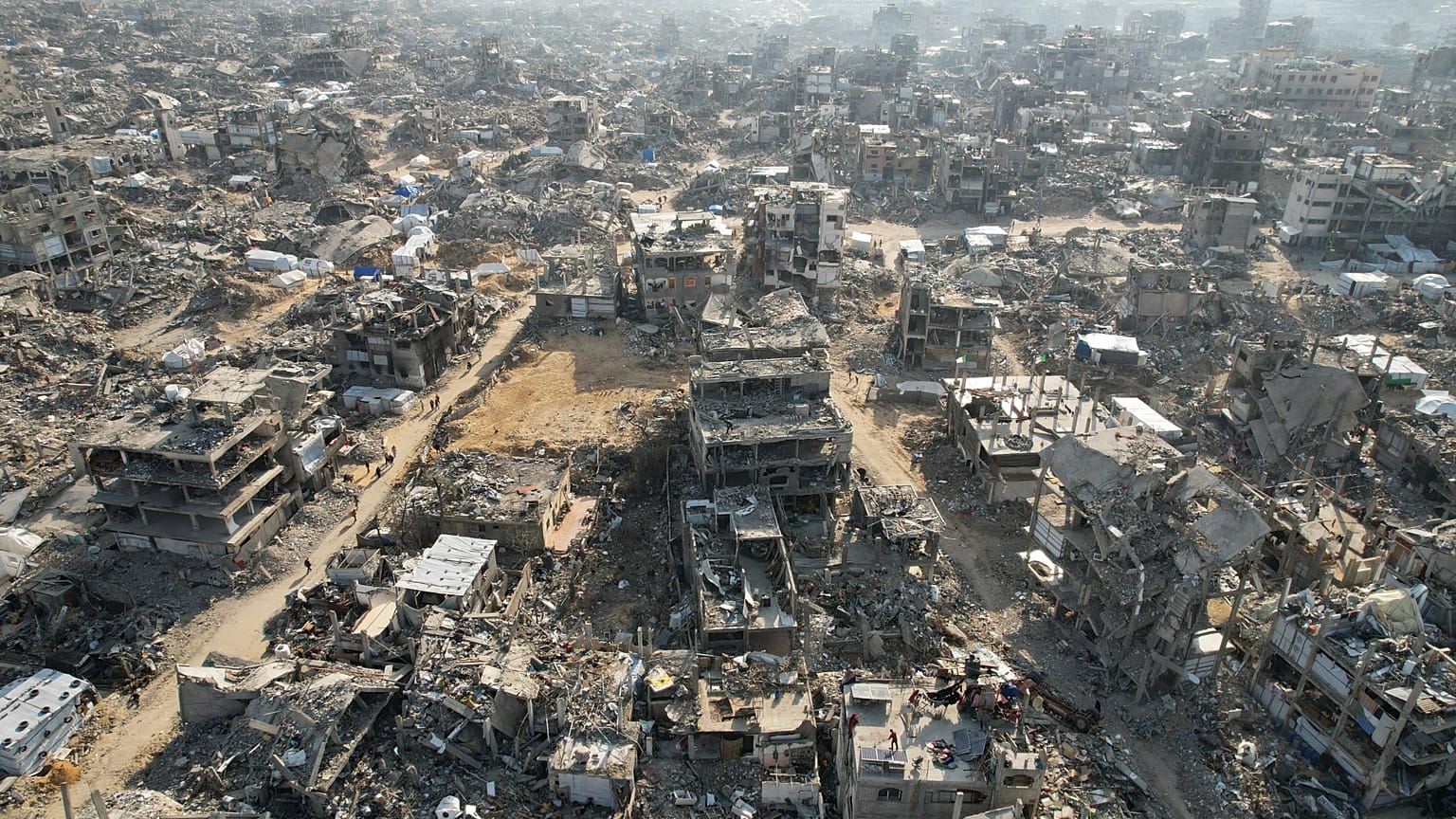 An aerial photograph taken by a drone shows the destruction caused by the Israeli air and ground offensive in Beit Lahiya, 17 February, 2025