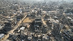 An aerial photograph taken by a drone shows the destruction caused by the Israeli air and ground offensive in Beit Lahiya, 17 February, 2025