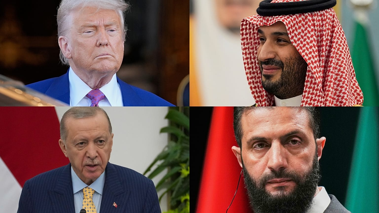 الرئيس الأمريكي دونالد ترامب، الرئيس السوري الانتقالي أحمد الشرع، ولي العهد السعوي محمد بن سلمان، الرئيس التركي رجب طيب أردوغان