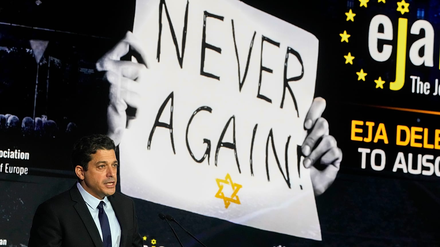 Amichai Chikli, ministro israelita dos Assuntos da Diáspora, discursa na conferência da Associação Judaica Europeia, em Cracóvia, Polónia, segunda-feira, 22 de janeiro de 2024