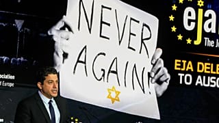 Amichai Chikli, ministro israelita dos Assuntos da Diáspora, discursa na conferência da Associação Judaica Europeia, em Cracóvia, Polónia, segunda-feira, 22 de janeiro de 2024