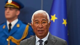 European Council President Antonio Costa speaks during a press conference after talks with Serbian President Aleksandar Vucic at the Serbia Palace in Belgrade, Serbia