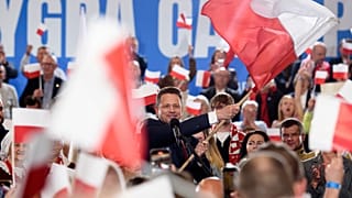Warsaw's Mayor and presidential candidate Rafal Trzaskowski celebrates the exit poll results during presidential election night in Sandomierz, 18 May 2025