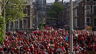 Demonstrators attend the Red Line protest in The Hague, Netherlands on Sunday, May 18, 2025.