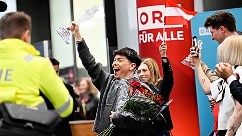 JJ from Austria arrives at the airport in Vienna on Sunday 18 May 2025
