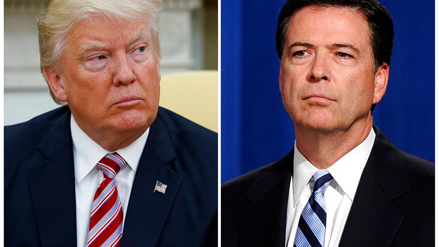 Donald Trump elnök 2017. május 10-én, illetve James Comey FBI-igazgató 2014. június 30-án (mindketten Washingtonban)