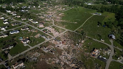 A path of destroyed homes is seen, Sunday, May 18, 2025, in London, Kentucky. 