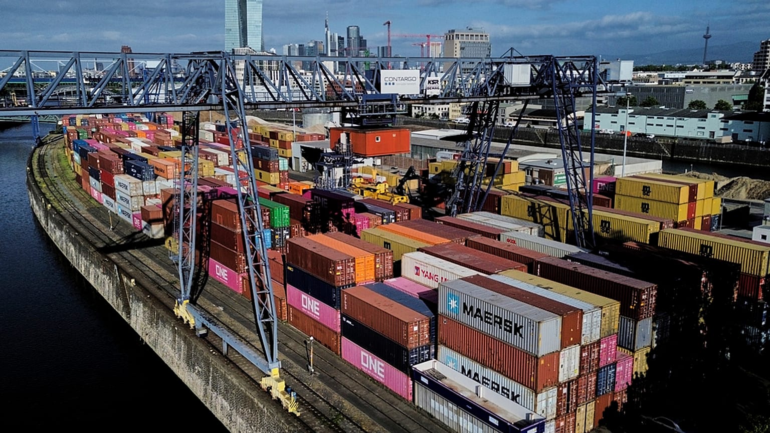 Containers are pictured at a cargo terminal in Frankfurt, Germany, Thursday, May 22, 2025.