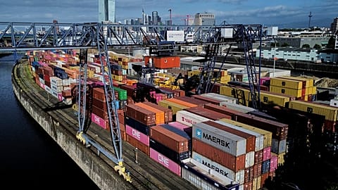 Containers are pictured at a cargo terminal in Frankfurt, Germany, Thursday, May 22, 2025.