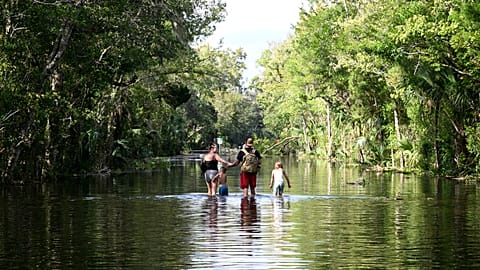 Dustin Holmes, second from right, holds hands with his girlfriend, Hailey Morgan, while returning to their flooded home after Hurricane Helene.