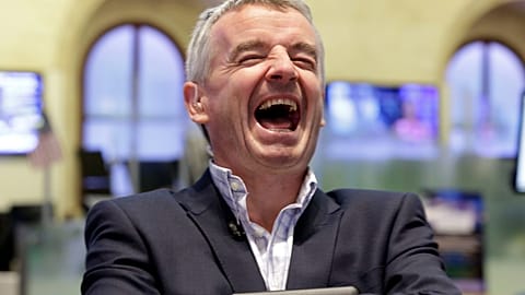 Ryanair CEO Michael O'Leary laughs as he waits to be interviewed on the floor of the New York Stock Exchange, Monday, June 24, 2013. 