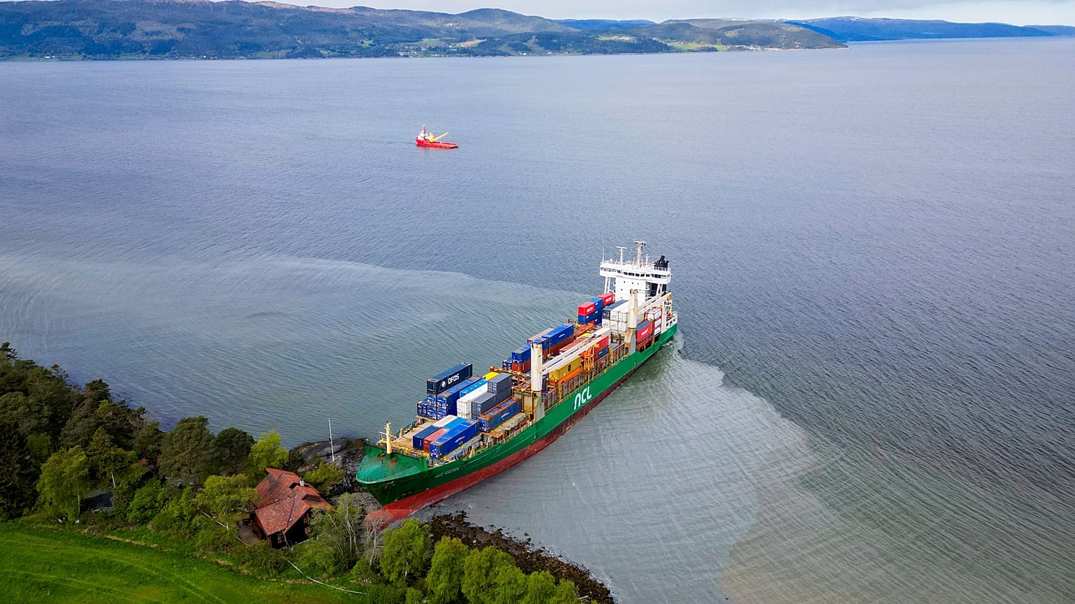 A container ship that ran aground in the Trondheimsfjord, 22 May, 2025
