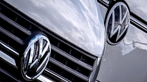 The logos of Volkswagen cars pictured in Frankfurt, 13 September, 2024