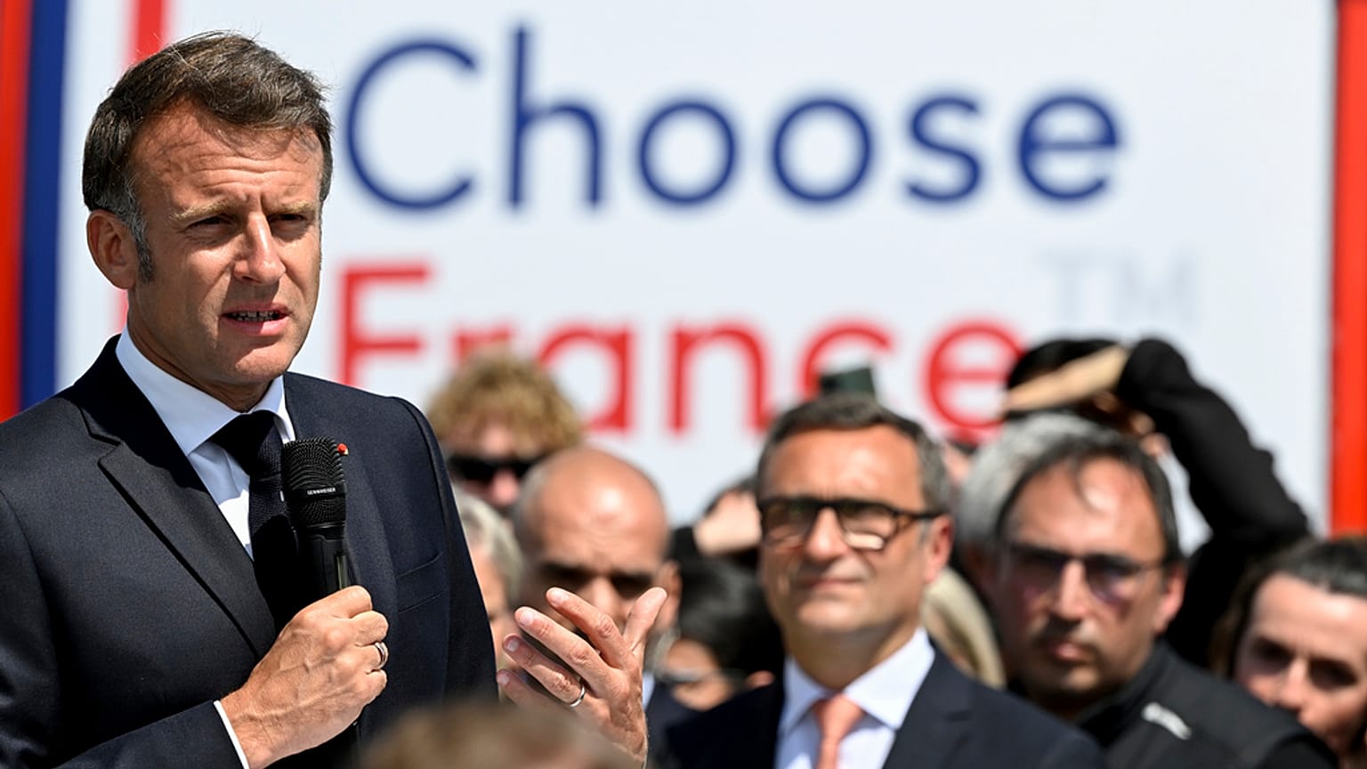 French President Emmanuel Macron speaks at the Daimler Buses factory as part of the 8th Choose France summit aimed at attracting foreign investments in France, 19 May 2025..